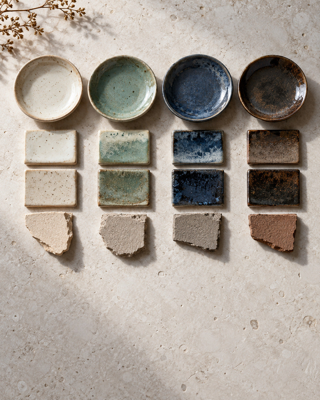 Four ceramic glaze samples and material details
