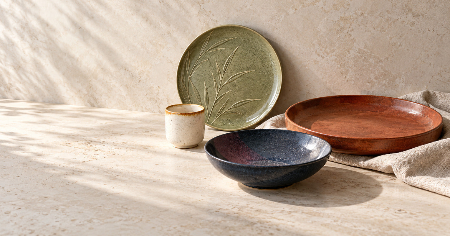 Four bresorabresora ceramic glazes arranged in soft morning light